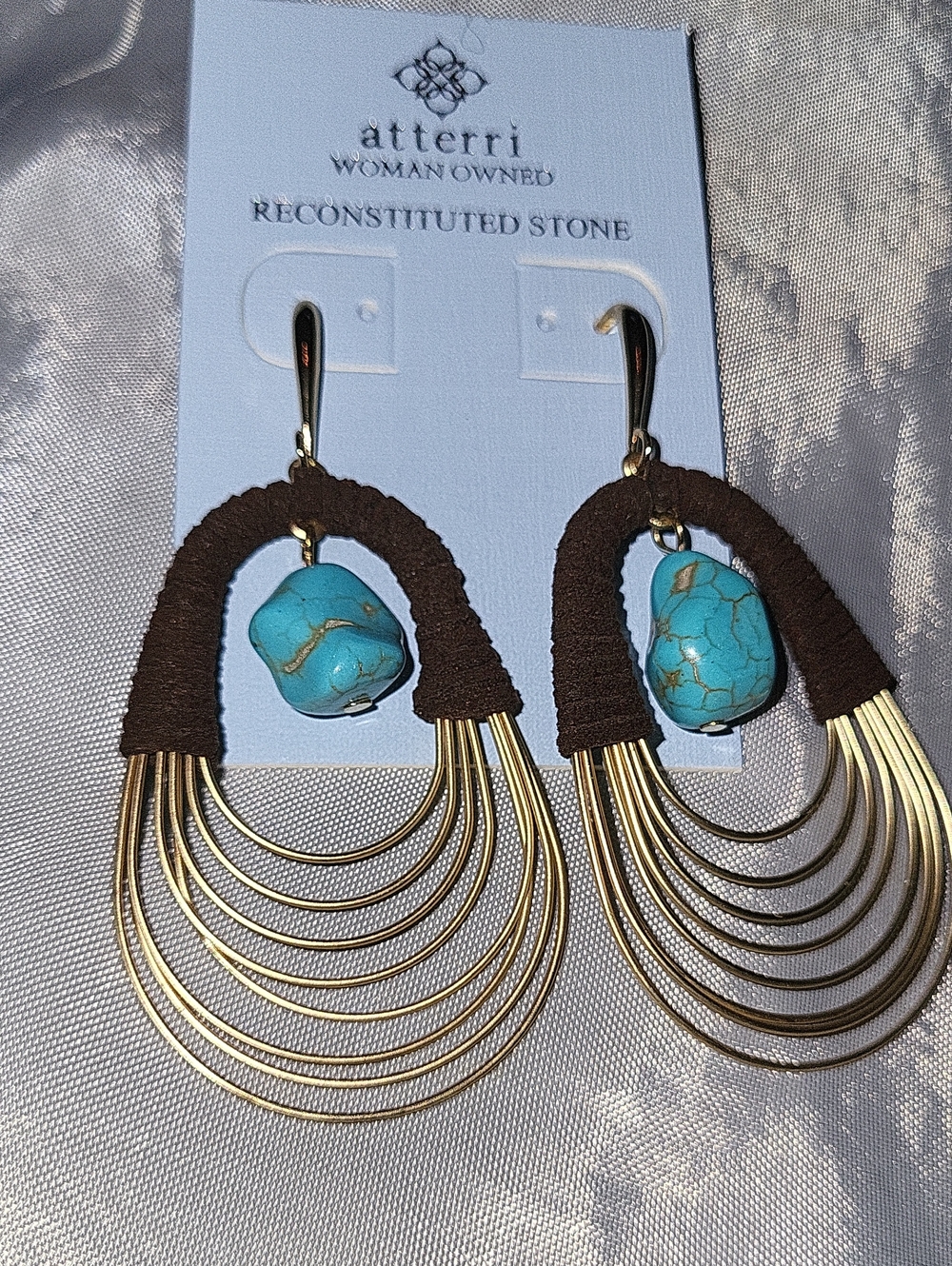 Gold Multi-Hoop Drop Earrings with Turquoise Stone and Black Wrap